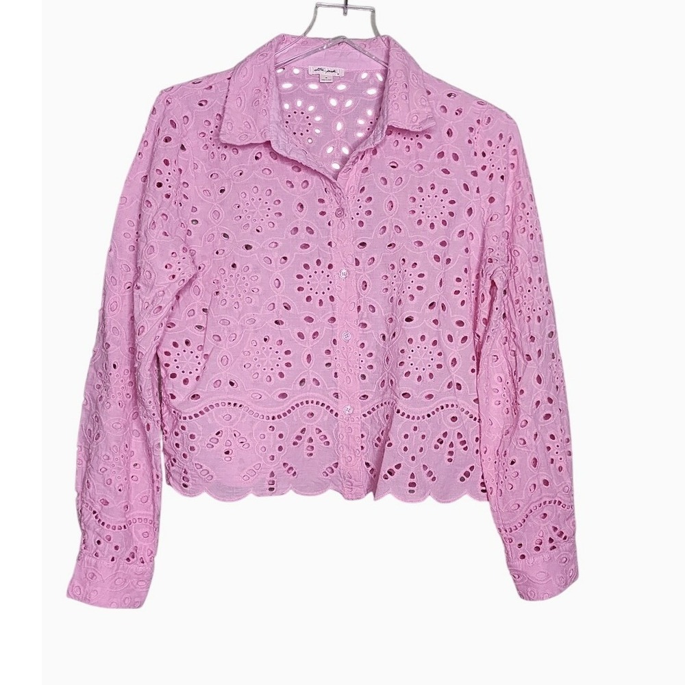 Ultra Pink Eyelet Lace Long Sleeve Top Pink Feminine Vacation Coastal Beach M
